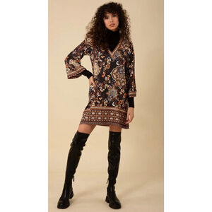 Women's Hale Bob Long Sleeve V Neck Mini Dress M Black Brown Floral